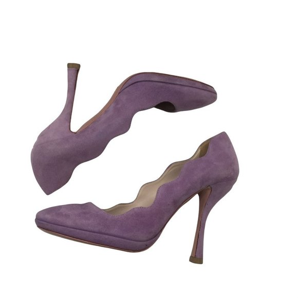 Prada Womens High Heels 38 Lavendar Suede Scalloped Edge Platform Leather Pumps - Picture 7 of 11